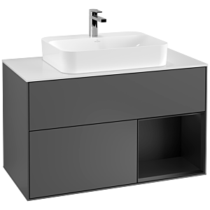 Villeroy et Boch Finion Villeroy et Boch F371PDGK 100cm, plaque de recouvrement blanc mat, étagère à droite laqué noir mat, anthracite mat