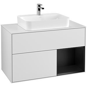 Villeroy et Boch Finion Villeroy et Boch F371PDMT 100cm, couvercle blanc mat, étagère à droite laqué noir mat, laqué blanc mat