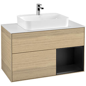 Villeroy et Boch Finion Villeroy et Boch F371PDPC 100cm, plaque de recouvrement blanc mat, étagère à droite laqué noir mat, Oak Veneer