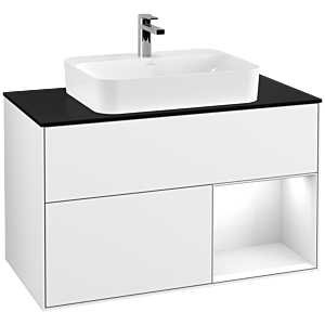 Villeroy et Boch Finion Villeroy et Boch F372GFGF 100cm, plaque de finition noire mate, étagère à droite Laque blanc brillant, Laque blanc brillant