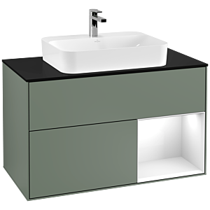 Villeroy et Boch Finion Villeroy et Boch F372GFGM 100cm, plaque de finition noir mat, étagère à droite Laque blanc brillant, Olive Matt Lacquer