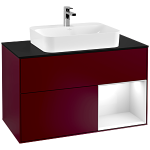 Villeroy et Boch Finion Villeroy et Boch F372GFHB 100cm, plaque de finition noir mat, étagère à droite Laque blanc brillant, Peony Matt