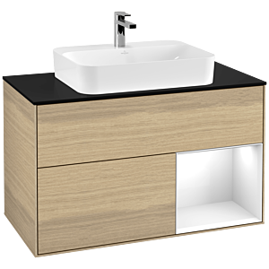 Villeroy et Boch Finion Villeroy et Boch F372GFPC 100cm, plaque de finition noir mat, étagère à droite Laque blanc brillant, Oak Veneer