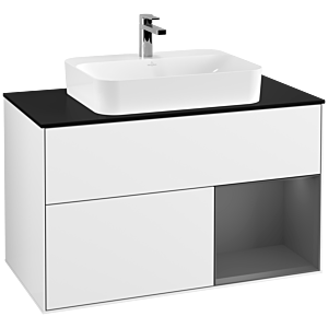 Villeroy und Boch Finion Waschtischunterschrank F372GKGF 100cm, Abdeckplatte black matt, Regal rechts Anthracite matt, Glossy white lacquer