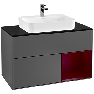 Villeroy und Boch Finion Waschtischunterschrank F372HBGK 100cm, Abdeckplatte black matt, Regal rechts Peony, Anthracite matt