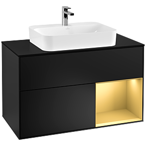Villeroy und Boch Finion Waschtischunterschrank F372HFPD 100cm, Abdeckplatte black matt, Regal rechts Gold matt, Black matt lacquer