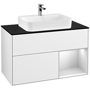 Villeroy und Boch Finion Waschtischunterschrank F372MTGF 100cm, Abdeckplatte black matt, Regal rechts White matt lacquer, Glossy white lacquer