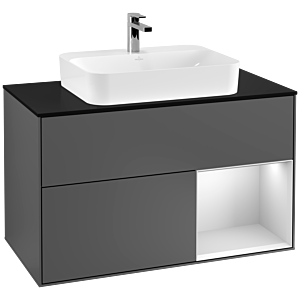 Villeroy und Boch Finion Waschtischunterschrank F372MTGK 100cm, Abdeckplatte black matt, Regal rechts White matt lacquer, Anthracite matt