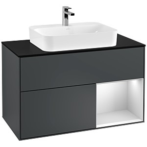 Villeroy und Boch Finion Waschtischunterschrank F372MTHG 100cm, Abdeckplatte black matt, Regal rechts White matt lacquer, Midnight Blue Matt Lacquer