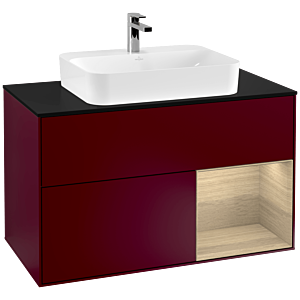 Villeroy und Boch Finion Waschtischunterschrank F372PCHB 100cm, Abdeckplatte black matt, Regal rechts Oak Veneer, Peony Matt
