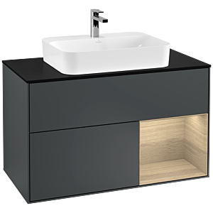 Villeroy und Boch Finion Waschtischunterschrank F372PCHG 100cm, Abdeckplatte black matt, Regal rechts Oak Veneer, Midnight Blue Matt Lacquer