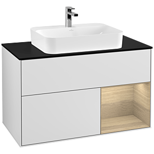 Villeroy und Boch Finion Waschtischunterschrank F372PCMT 100cm, Abdeckplatte black matt, Regal rechts Oak Veneer, White matt lacquer