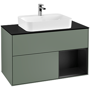 Villeroy et Boch Finion Villeroy et Boch F372PDGM 100cm, plaque de finition noir mat, étagère à droite laqué noir mat, Olive Matt Lacquer