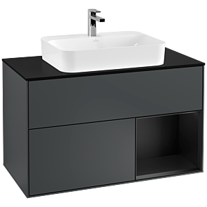 Villeroy und Boch Finion Waschtischunterschrank F372PDHG 100cm, Abdeckplatte black matt, Regal rechts Black matt lacquer, Midnight Blue Matt Lacquer