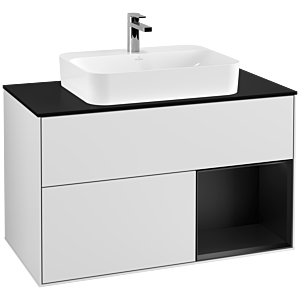 Villeroy et Boch Finion Villeroy et Boch F372PDMT 100cm, plaque de finition noir mat, étagère à droite laqué noir mat, laqué blanc mat