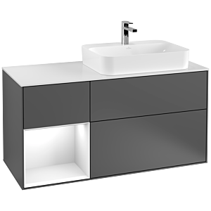 Villeroy et Boch Finion Villeroy et Boch F391GFGK 120cm, plaque de recouvrement blanc mat, étagère gauche laqué blanc brillant, anthracite mat