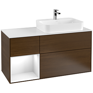 Villeroy und Boch Finion Waschtischunterschrank F391GFGN 120cm, Abdeckplatte white matt, Regal links Glossy white lacquer, Walnut veneer