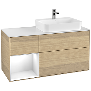 Villeroy et Boch Finion Villeroy et Boch F391GFPC 120cm, plaque de finition blanc mat, étagère gauche laqué blanc brillant, Oak Veneer