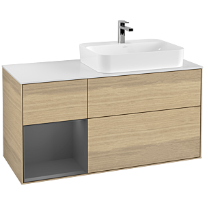 Villeroy und Boch Finion Waschtischunterschrank F391GKPC 120cm, Abdeckplatte white matt, Regal links Anthracite matt, Oak Veneer