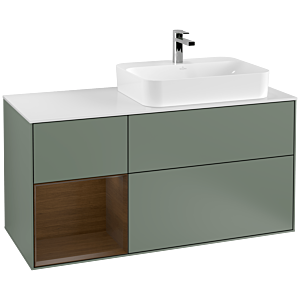 Villeroy und Boch Finion Waschtischunterschrank F391GNGM 120cm, Abdeckplatte white matt, Regal links Walnut veneer, Olive Matt Lacquer