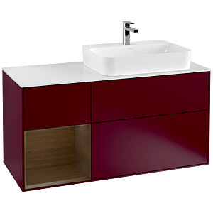 Villeroy und Boch Finion Waschtischunterschrank F391GNHB 120cm, Abdeckplatte white matt, Regal links Walnut veneer, Peony Matt