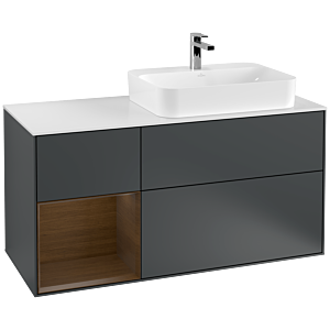 Villeroy und Boch Finion Waschtischunterschrank F391GNHG 120cm, Abdeckplatte white matt, Regal links Walnut veneer, Midnight Blue Matt Lacquer