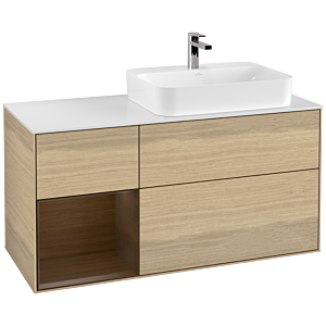 Villeroy und Boch Finion Waschtischunterschrank F391GNPC 120cm, Abdeckplatte white matt, Regal links Walnut veneer, Oak Veneer