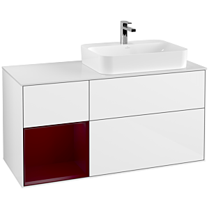 Villeroy und Boch Finion Waschtischunterschrank F391HBGF 120cm, Abdeckplatte white matt, Regal links Peony, Glossy white lacquer