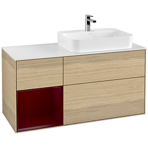 Villeroy und Boch Finion Waschtischunterschrank F391HBPC 120cm, Abdeckplatte white matt, Regal links Peony, Oak Veneer