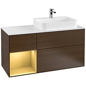 Villeroy et Boch Finion Villeroy et Boch F391HFGN 120cm, plaque de recouvrement blanc mat, étagère gauche or mat, placage noyer