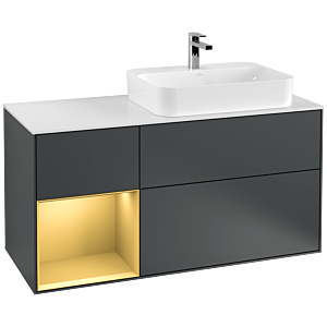 Villeroy und Boch Finion Waschtischunterschrank F391HFHG 120cm, Abdeckplatte white matt, Regal links Gold matt, Midnight Blue Matt Lacquer