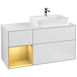 Villeroy und Boch Finion Waschtischunterschrank F391HFMT 120cm, Abdeckplatte white matt, Regal links Gold matt, White matt lacquer