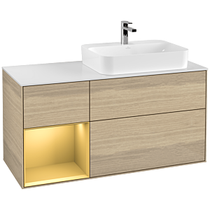 Villeroy und Boch Finion Waschtischunterschrank F391HFPC 120cm, Abdeckplatte white matt, Regal links Gold matt, Oak Veneer