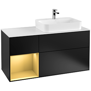 Villeroy und Boch Finion Waschtischunterschrank F391HFPD 120cm, Abdeckplatte white matt, Regal links Gold matt, Black matt lacquer