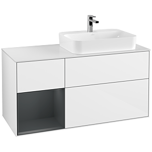 Villeroy und Boch Finion Waschtischunterschrank F391HGGF 120cm, Abdeckplatte white matt, Regal links Midnight Blue Matt Lacquer, Glossy white lacquer