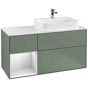Villeroy und Boch Finion Waschtischunterschrank F391MTGM 120cm, Abdeckplatte white matt, Regal links White matt lacquer, Olive Matt Lacquer