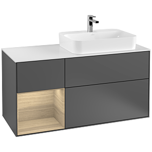 Villeroy und Boch Finion Waschtischunterschrank F391PCGK 120cm, Abdeckplatte white matt, Regal links Oak Veneer, Anthracite matt