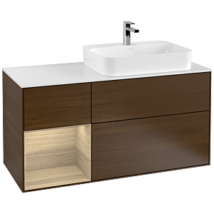 Villeroy und Boch Finion Waschtischunterschrank F391PCGN 120cm, Abdeckplatte white matt, Regal links Oak Veneer, Walnut veneer