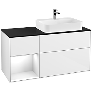 Villeroy und Boch Finion Waschtischunterschrank F392GFGF 120cm, Abdeckplatte black matt, Regal links Glossy white lacquer, Glossy white lacquer