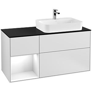 Villeroy und Boch Finion Waschtischunterschrank F392GFMT 120cm, Abdeckplatte black matt, Regal links Glossy white lacquer, White matt lacquer