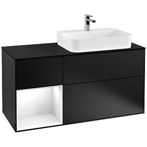 Villeroy und Boch Finion Waschtischunterschrank F392GFPD 120cm, Abdeckplatte black matt, Regal links Glossy white lacquer, Black matt lacquer