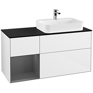 Villeroy und Boch Finion Waschtischunterschrank F392GKGF 120cm, Abdeckplatte black matt, Regal links Anthracite matt, Glossy white lacquer