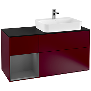 Villeroy und Boch Finion Waschtischunterschrank F392GKHB 120cm, Abdeckplatte black matt, Regal links Anthracite matt, Peony Matt