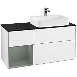 Villeroy und Boch Finion Waschtischunterschrank F392GMGF 120cm, Abdeckplatte black matt, Regal links Olive Matt Lacquer, Glossy white lacquer