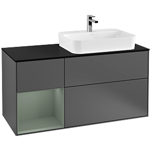 Villeroy und Boch Finion Waschtischunterschrank F392GMGK 120cm, Abdeckplatte black matt, Regal links Olive Matt Lacquer, Anthracite matt
