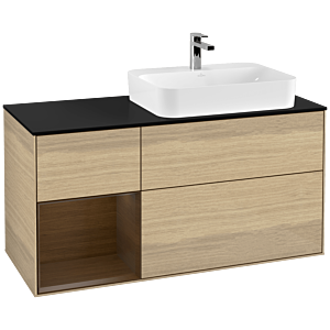 Villeroy und Boch Finion Waschtischunterschrank F392GNPC 120cm, Abdeckplatte black matt, Regal links Walnut veneer, Oak Veneer