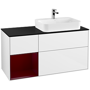 Villeroy und Boch Finion Waschtischunterschrank F392HBGF 120cm, Abdeckplatte black matt, Regal links Peony, Glossy white lacquer