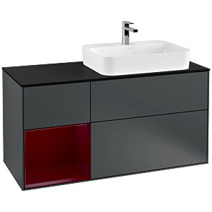 Villeroy und Boch Finion Waschtischunterschrank F392HBHG 120cm, Abdeckplatte black matt, Regal links Peony, Midnight Blue Matt Lacquer
