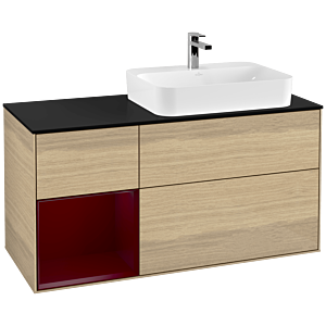 Villeroy und Boch Finion Waschtischunterschrank F392HBPC 120cm, Abdeckplatte black matt, Regal links Peony, Oak Veneer
