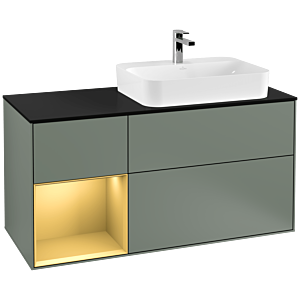 Villeroy und Boch Finion Waschtischunterschrank F392HFGM 120cm, Abdeckplatte black matt, Regal links Gold matt, Olive Matt Lacquer